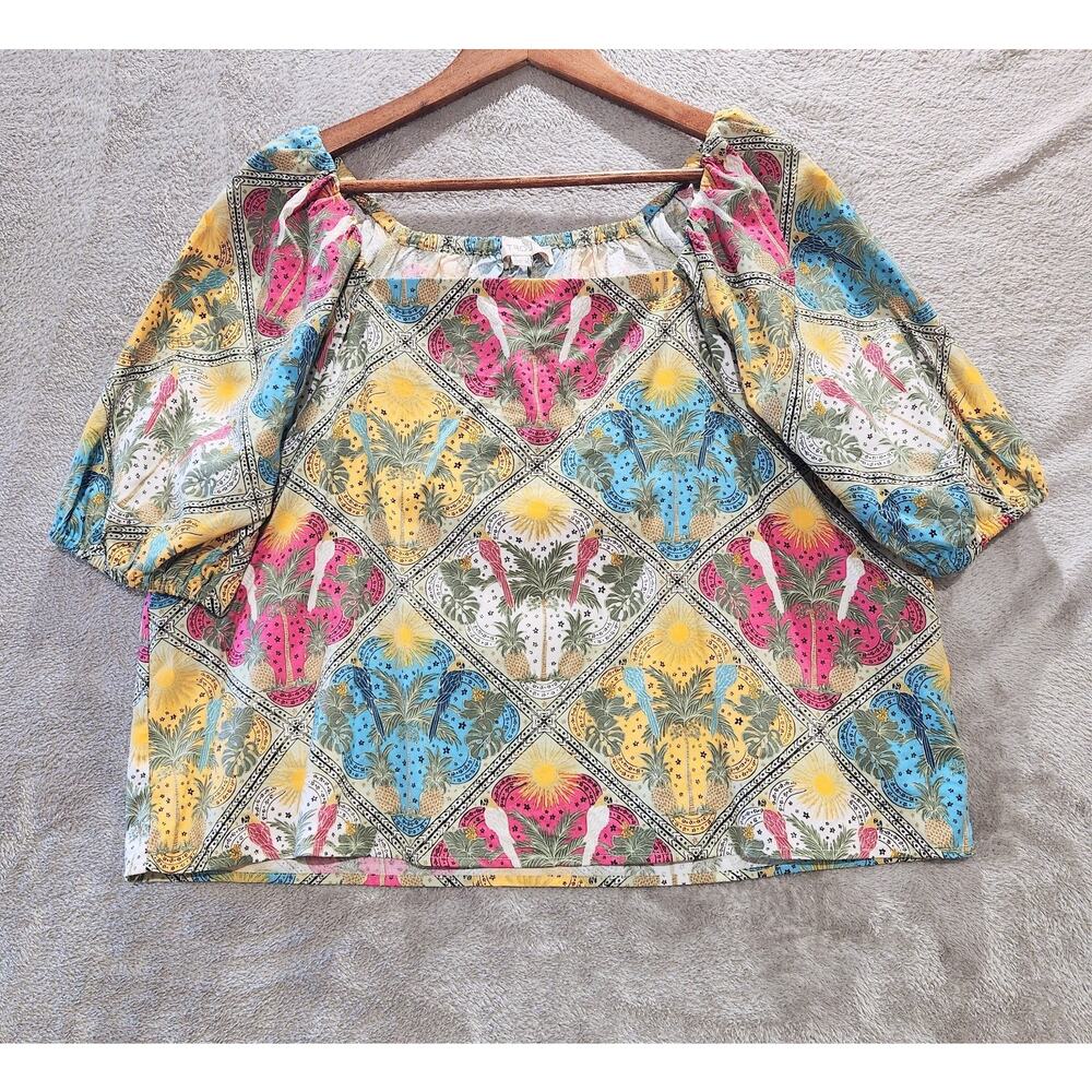 LOFT Palm Puff Sleeve Square Neck Tropical Blouse Size Medium Boho Resort Beach